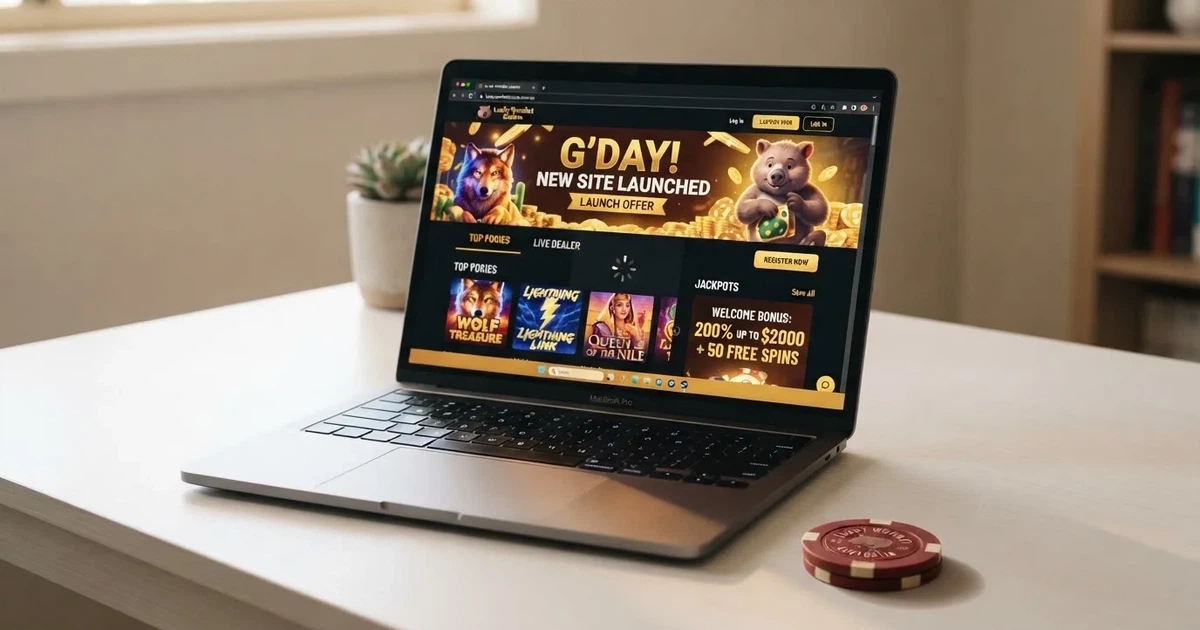 A laptop screen shows a freshly loading website homepage with a 'new' banner, on a plain desk.