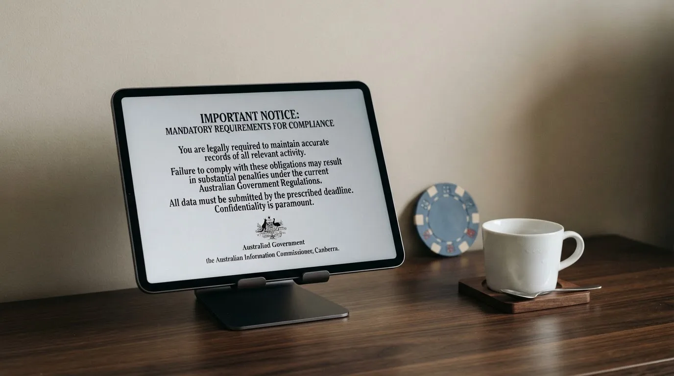 A tablet on a desk displays a plain government-style warning notice page, with a coffee cup beside it.