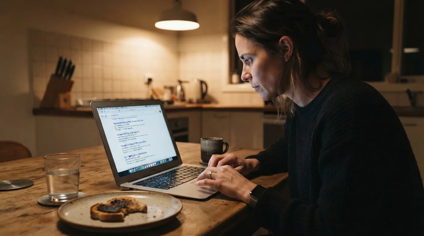 A person sits at a kitchen table in the evening, scrolling a laptop showing a general search results page about bonus offers.