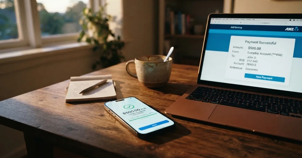 Close-up of a smartphone banking app open beside a laptop on a home desk, mid-transfer.