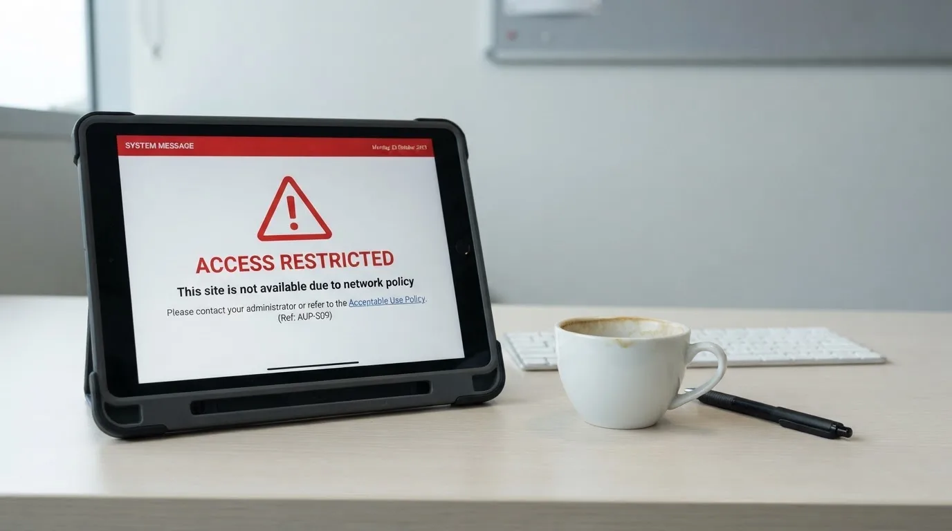 A tablet on a desk displays a plain government-style warning notice page, with a coffee cup beside it.