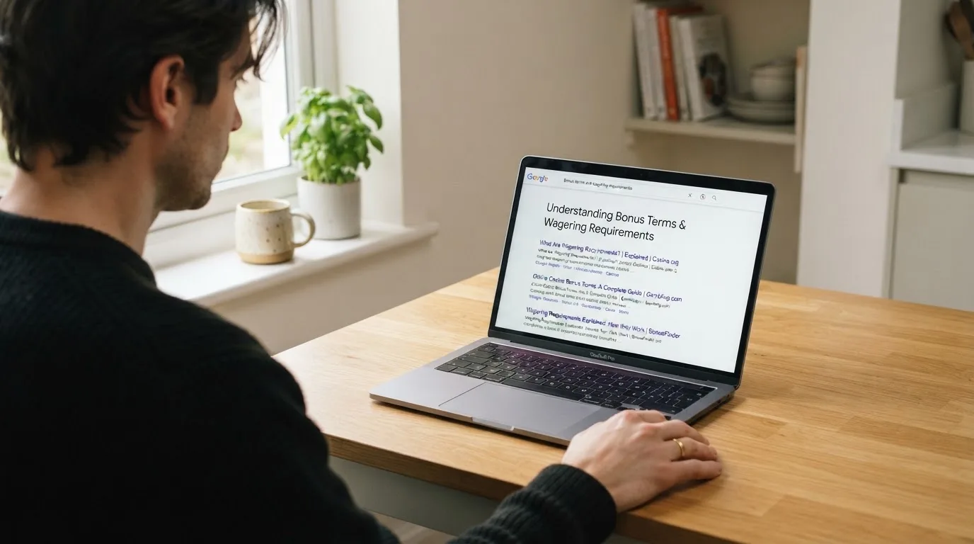 A person sits at a kitchen table, scrolling a laptop showing a general search results page about bonus terms.