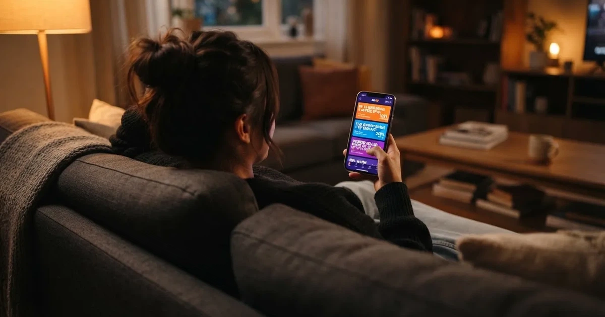 A phone screen shows a list of promotional bonus tiles as someone scrolls with one thumb on a couch.
