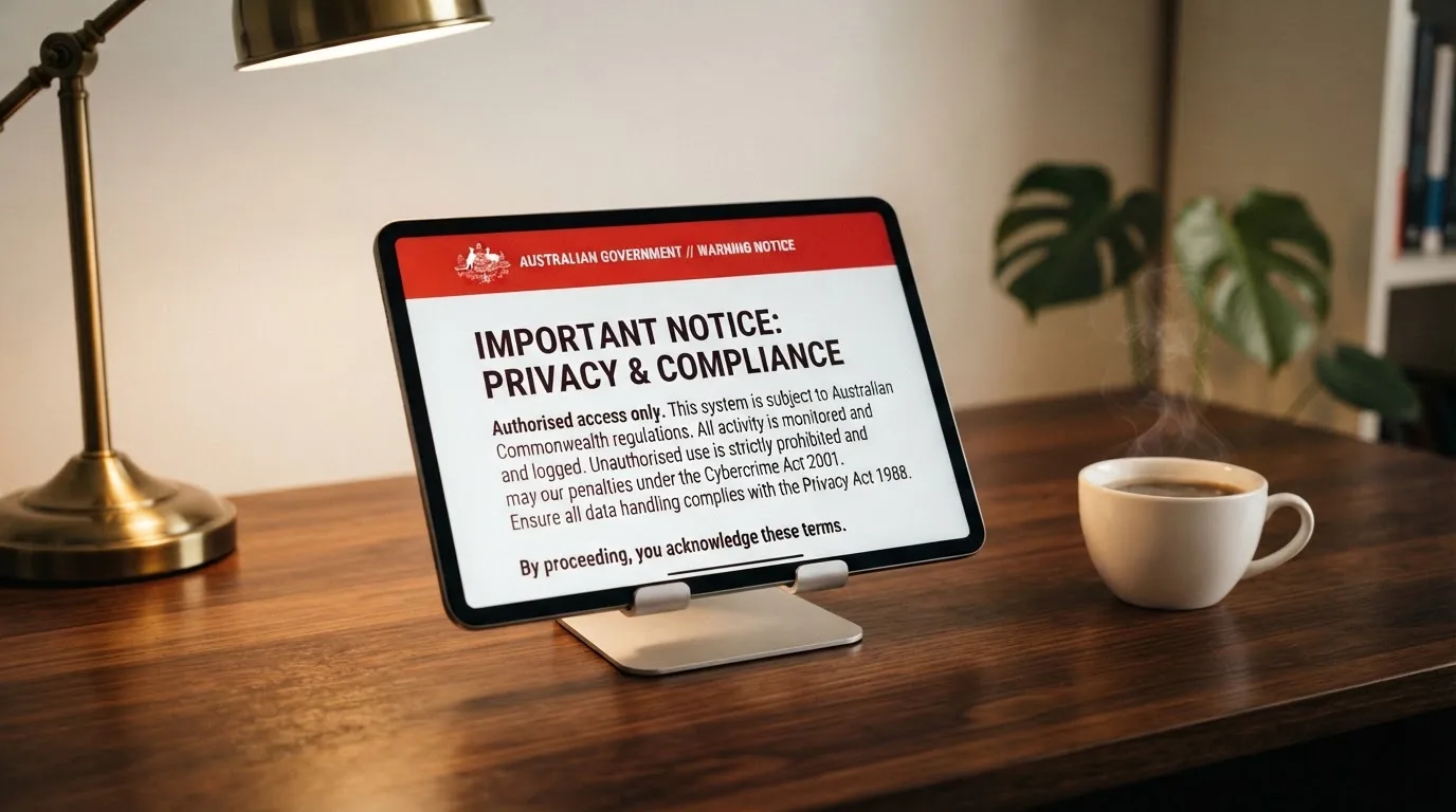 A tablet on a desk displays a plain government-style warning notice page, with a coffee cup beside it.