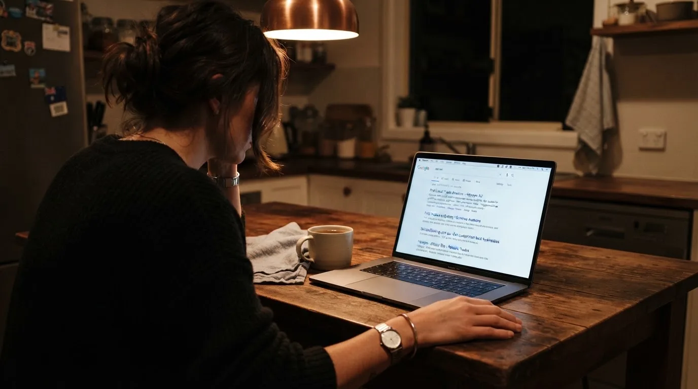 A person sits at a kitchen table in the evening, scrolling a laptop showing a general search results page about bonus offers.