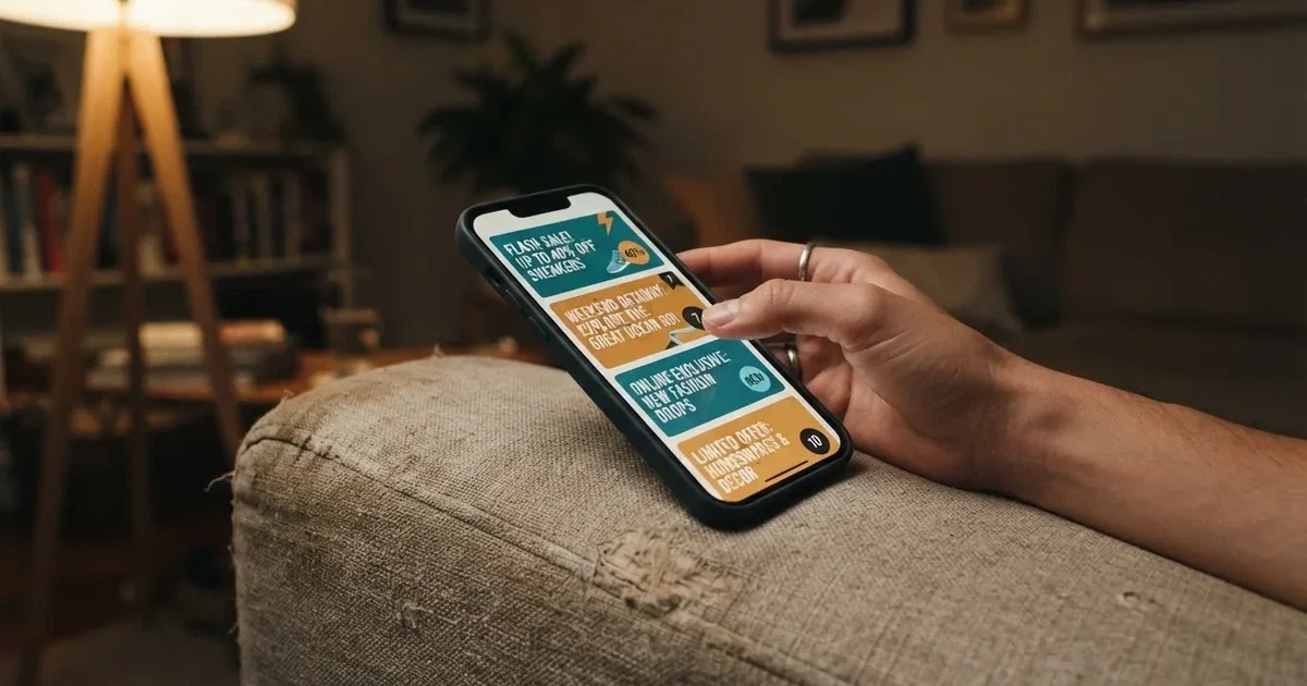 A phone screen shows a list of promotional bonus tiles as someone scrolls with one thumb on a couch.