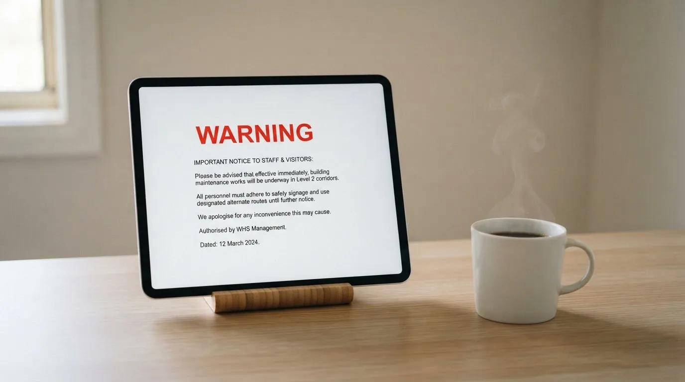 A tablet on a desk displays a plain government-style warning notice page, with a coffee cup beside it.