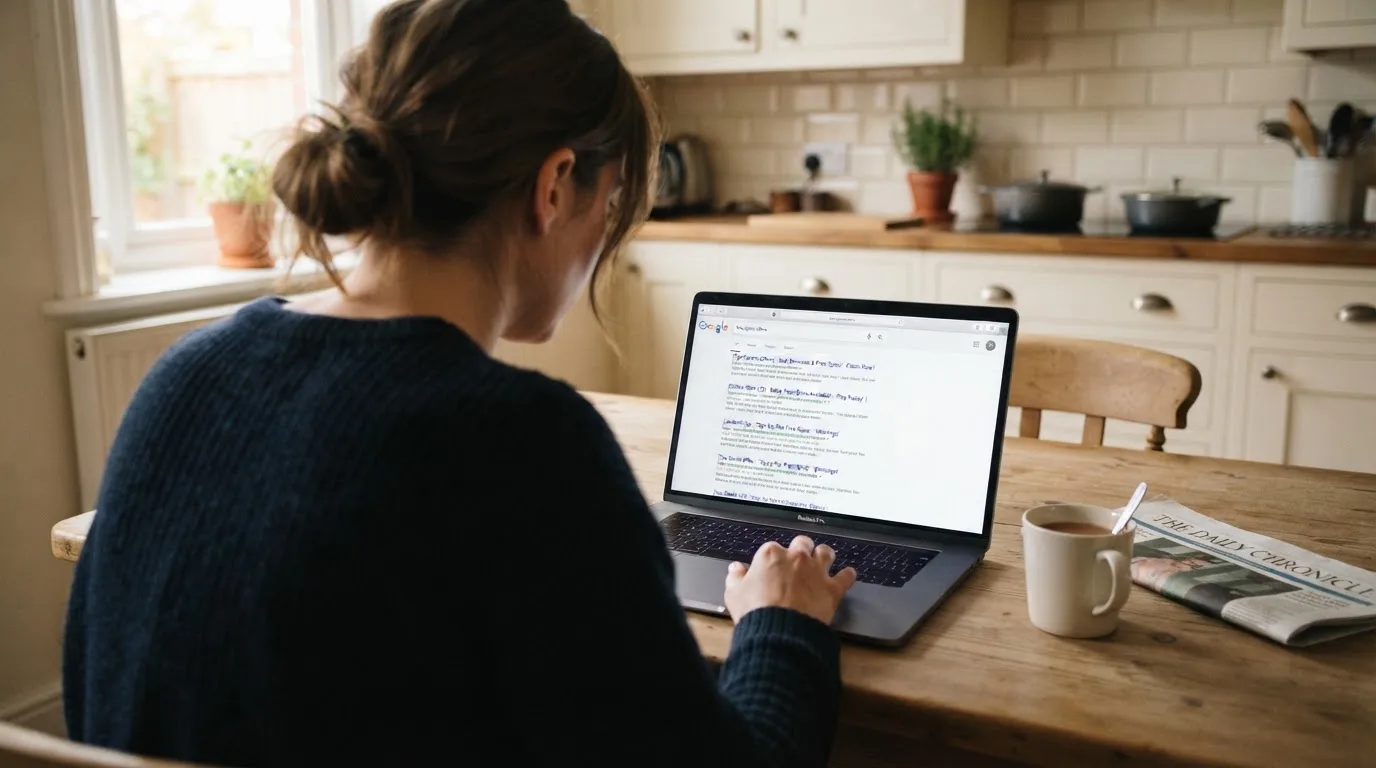 A person sits at a kitchen table, scrolling a laptop showing a general search results page about free spins offers.