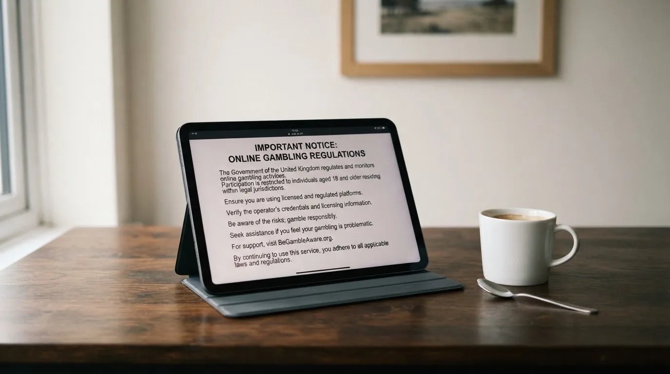 A tablet on a desk displays a plain government-style warning notice page, with a coffee cup beside it.