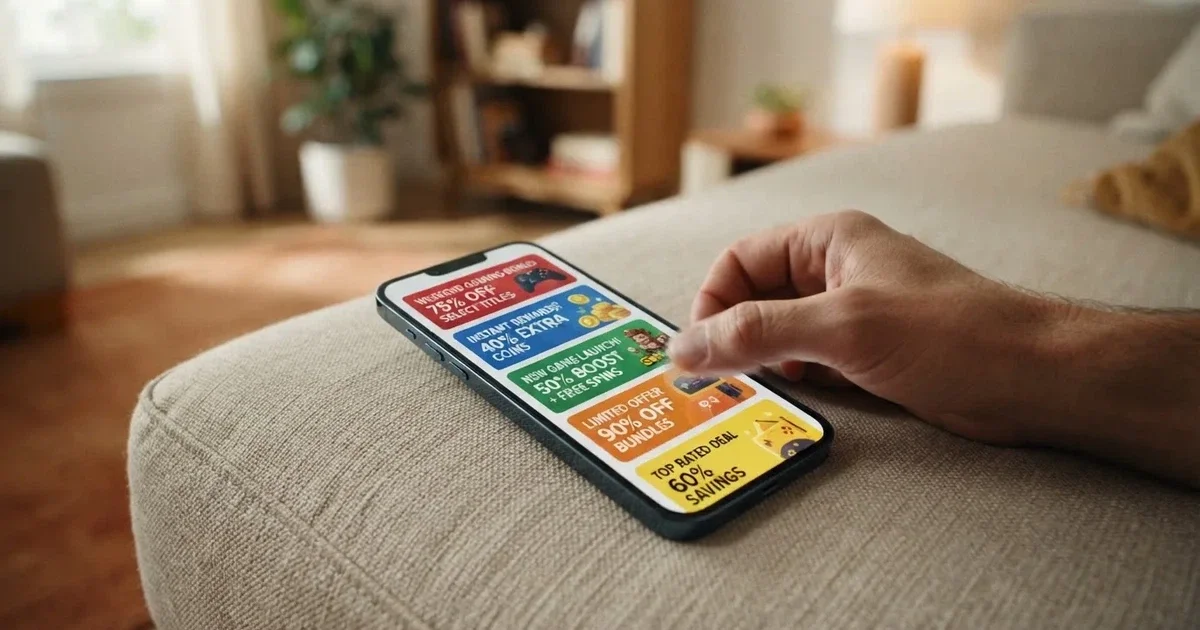 A phone screen shows a list of promotional bonus tiles as someone scrolls with one thumb on a couch.