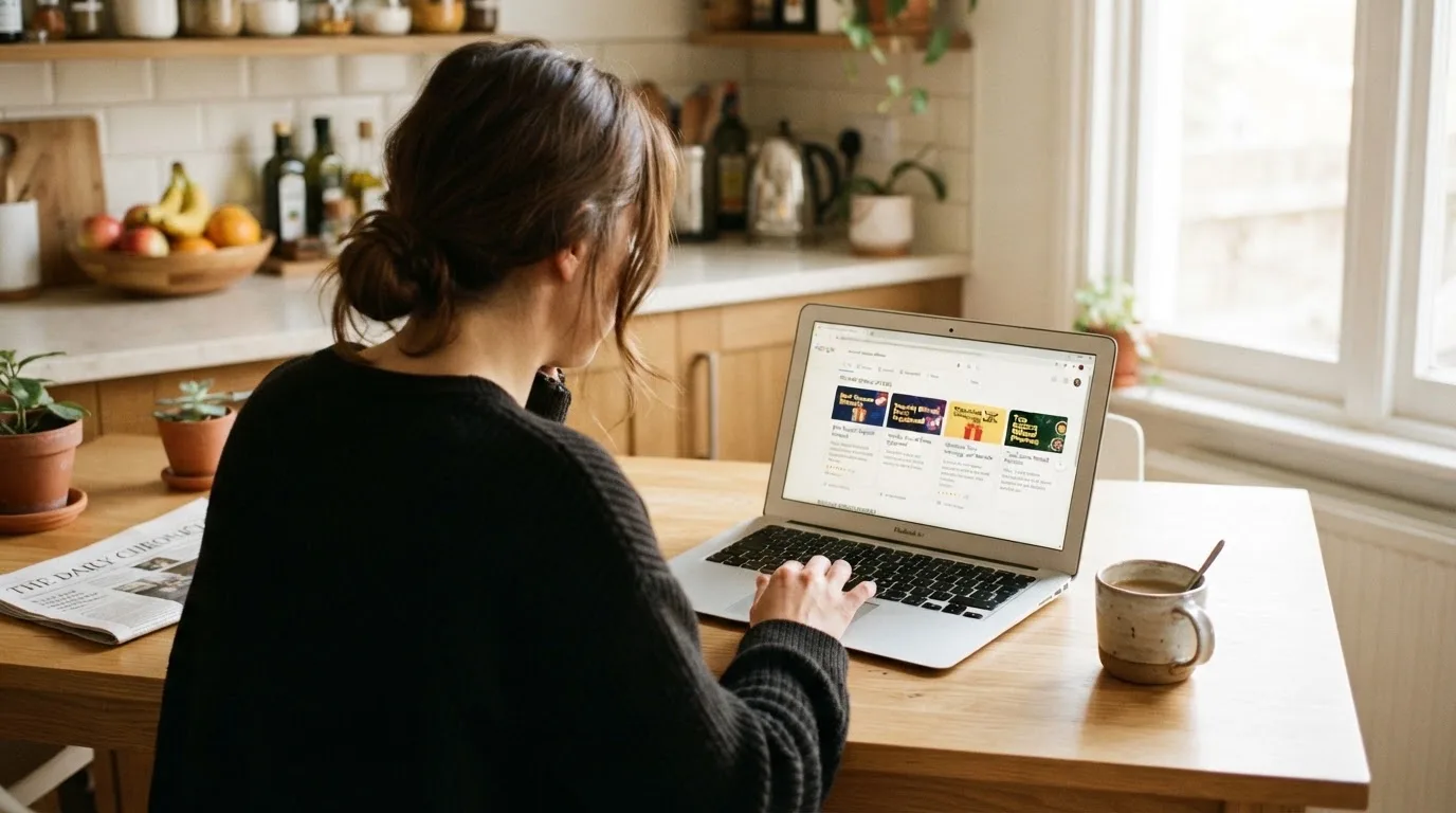 A person sits at a kitchen table, scrolling a laptop showing a general search results page about repeat-deposit offers.