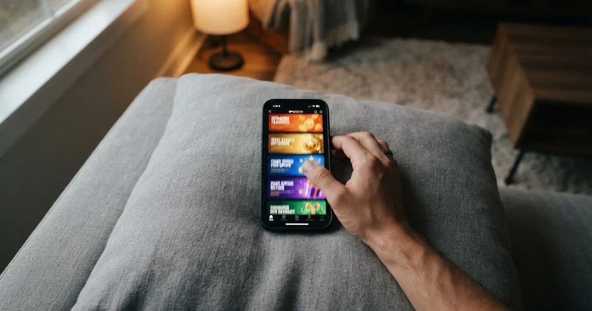 A phone screen shows a list of promotional bonus tiles as someone scrolls with one thumb on a couch.