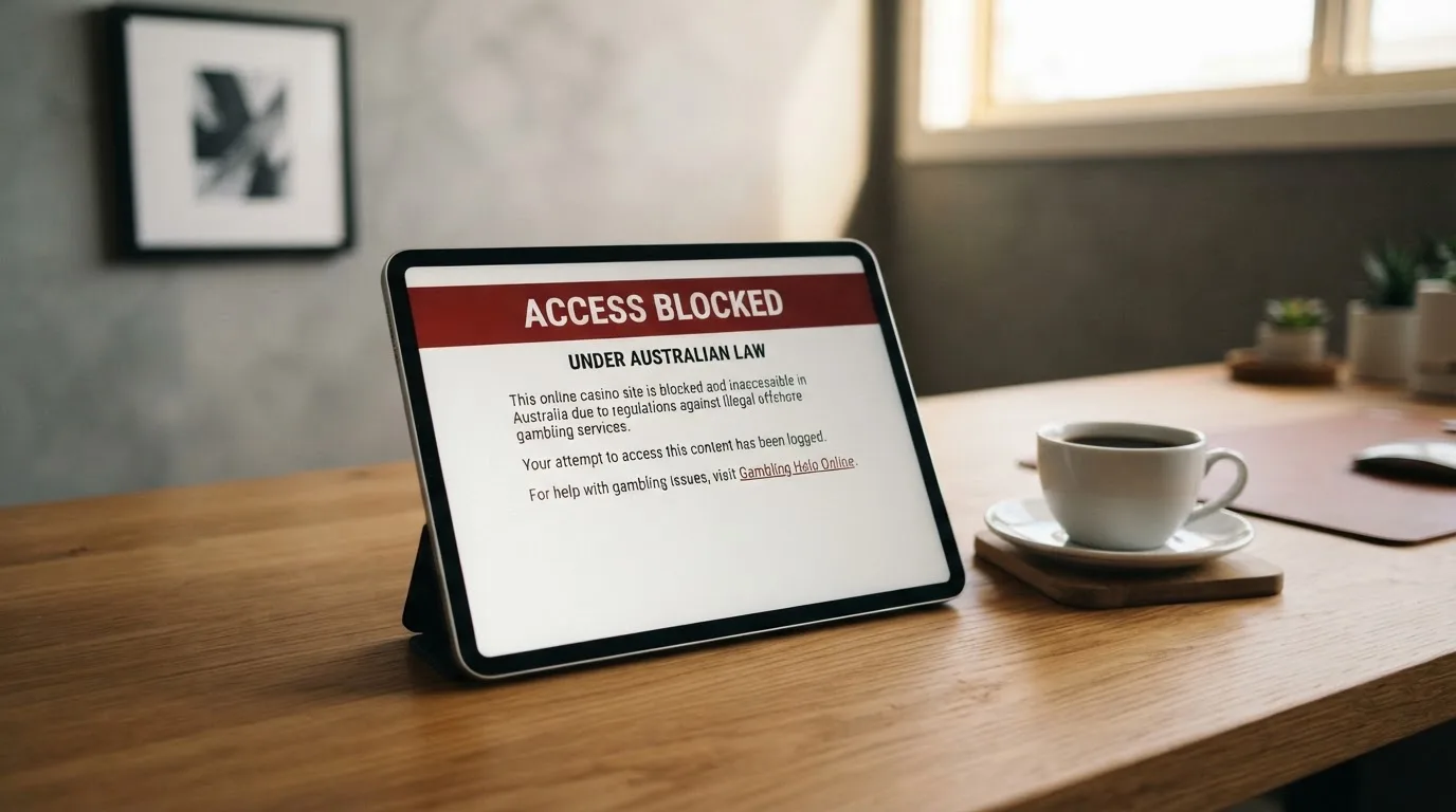A tablet on a desk displays a plain government-style warning notice page, with a coffee cup beside it.