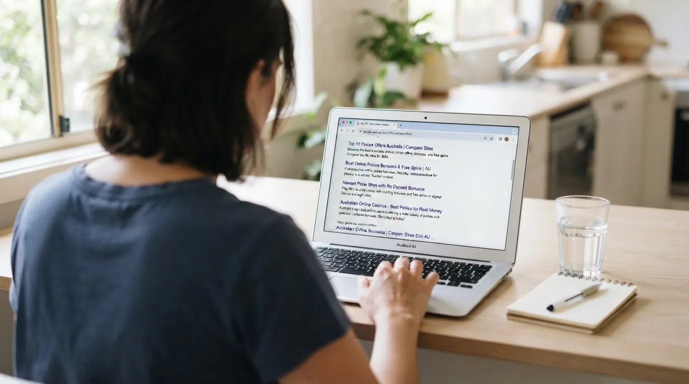 A person sits at a kitchen table, scrolling a laptop showing a general search results page about pokies offers.