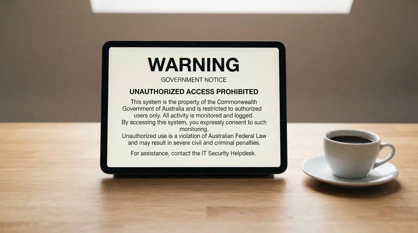 A tablet on a desk displays a plain government-style warning notice page, with a coffee cup beside it.