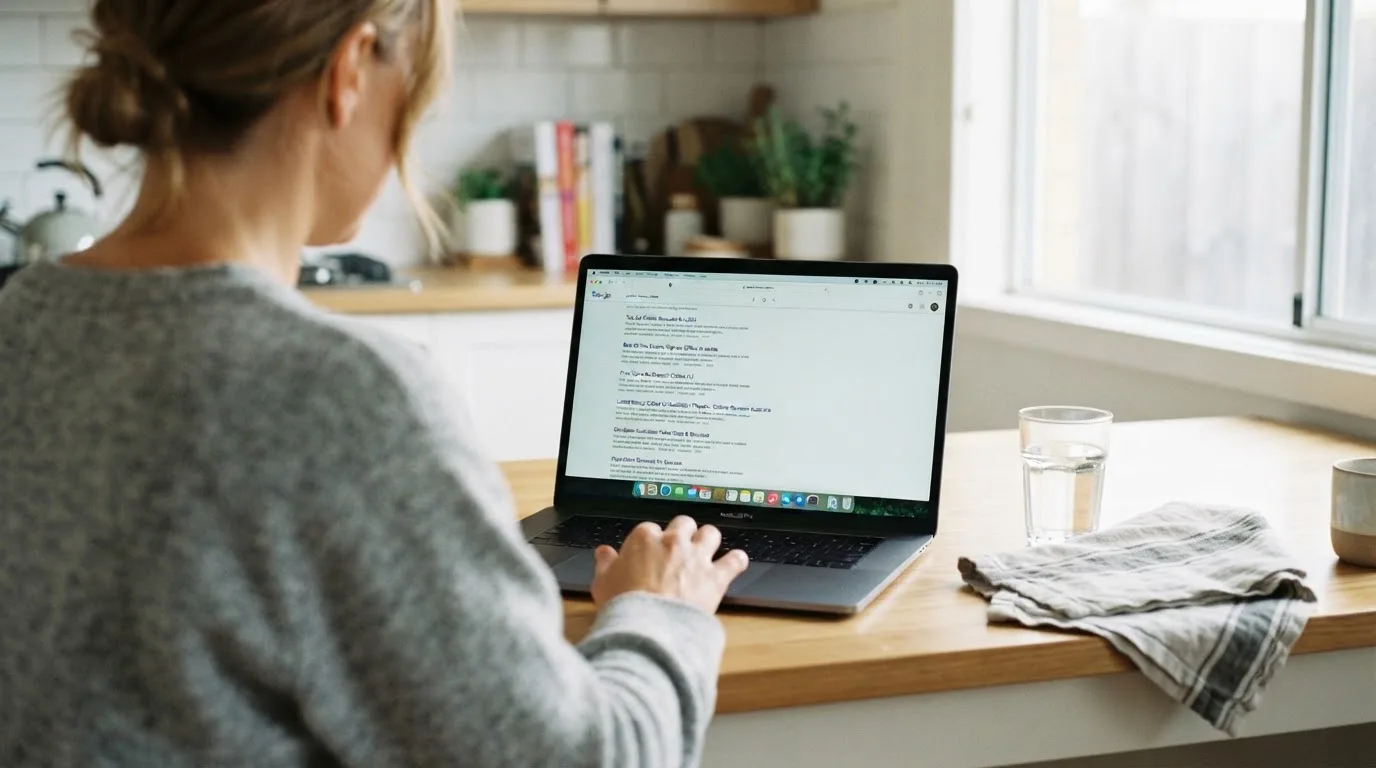 A person sits at a kitchen table, scrolling a laptop showing a general search results page about pokies bonus offers.
