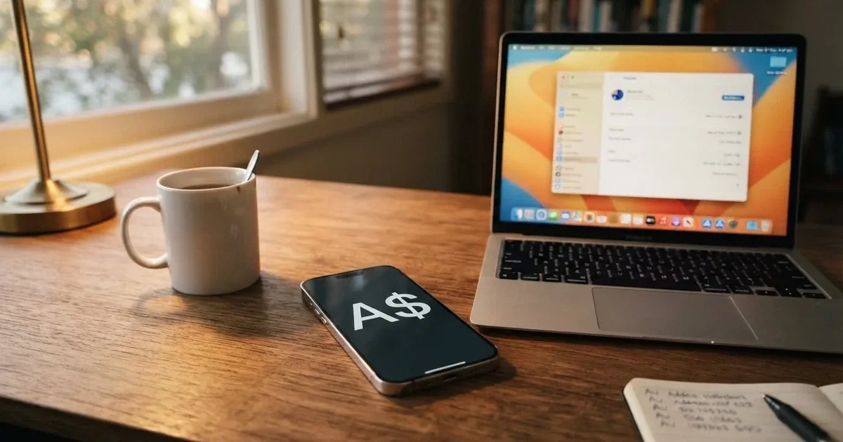 Close-up of a smartphone banking app open beside a laptop on a home desk, mid-transfer.