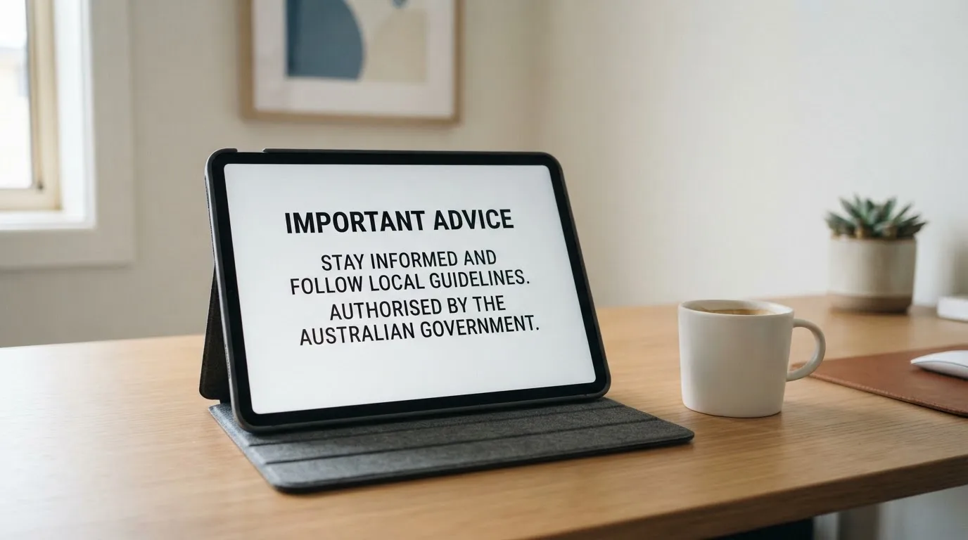 A tablet on a desk displays a plain government-style warning notice page, with a coffee cup beside it.