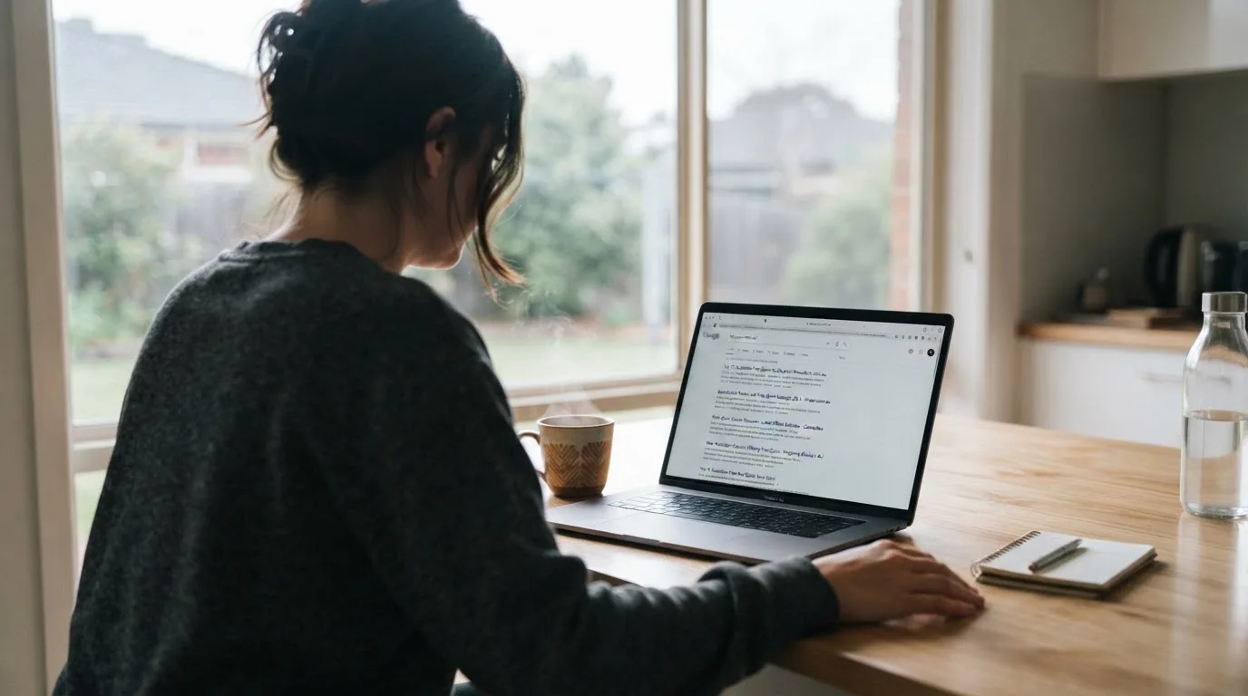 A person sits at a kitchen table, scrolling a laptop showing a general search results page about free spins offers.