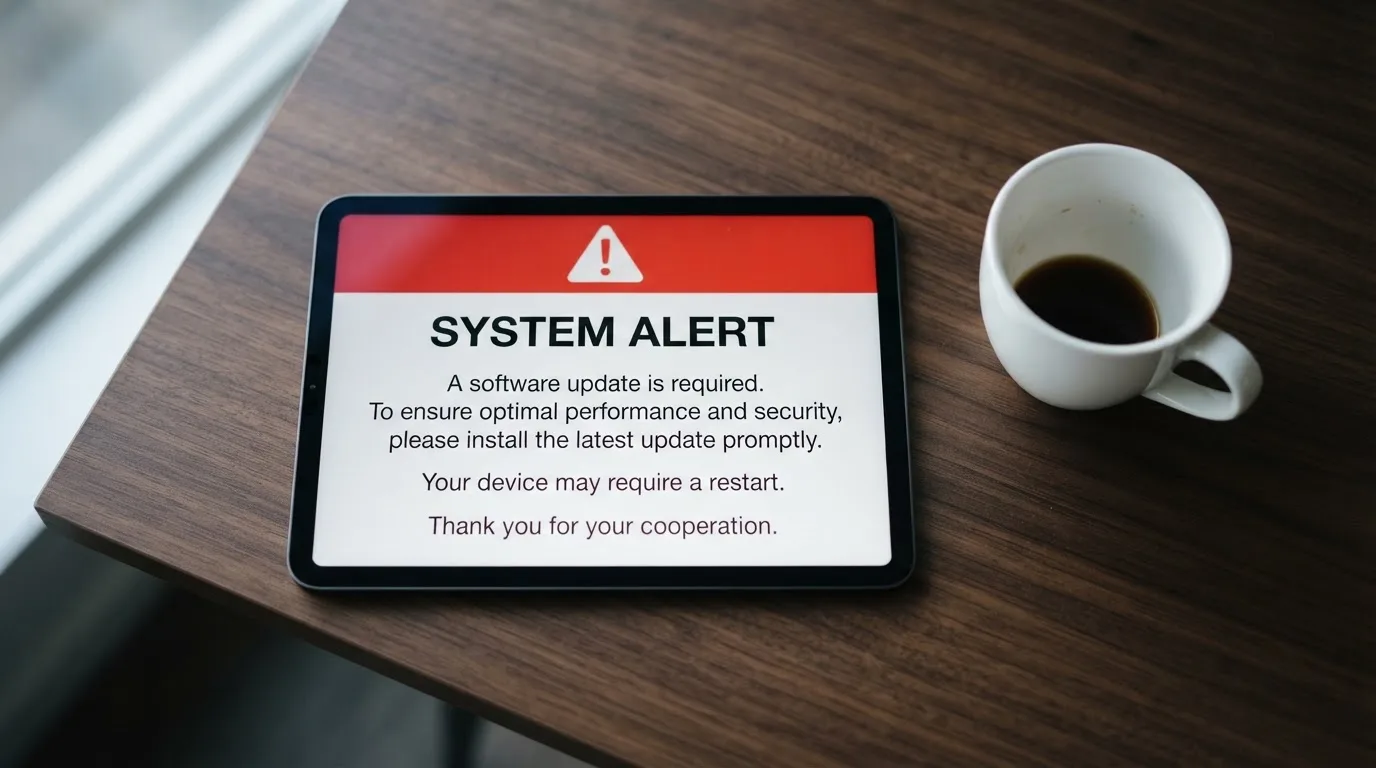 A tablet on a desk displays a plain government-style warning notice page, with a coffee cup beside it.