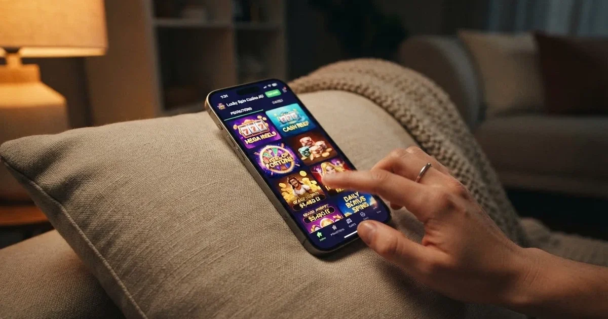 A phone screen shows a list of promotional bonus tiles as someone scrolls with one thumb on a couch.