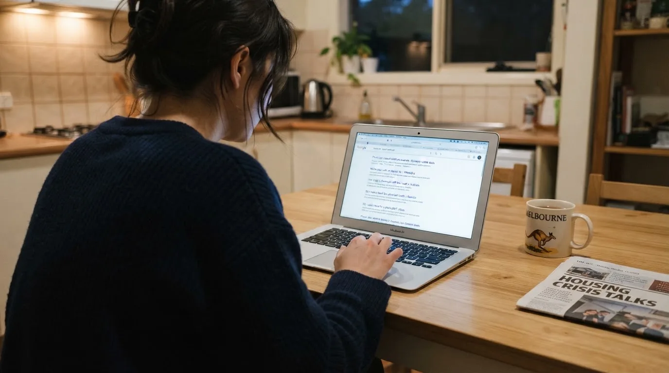 A person sits at a kitchen table, scrolling a laptop showing a general search results page about phone-bill deposits.