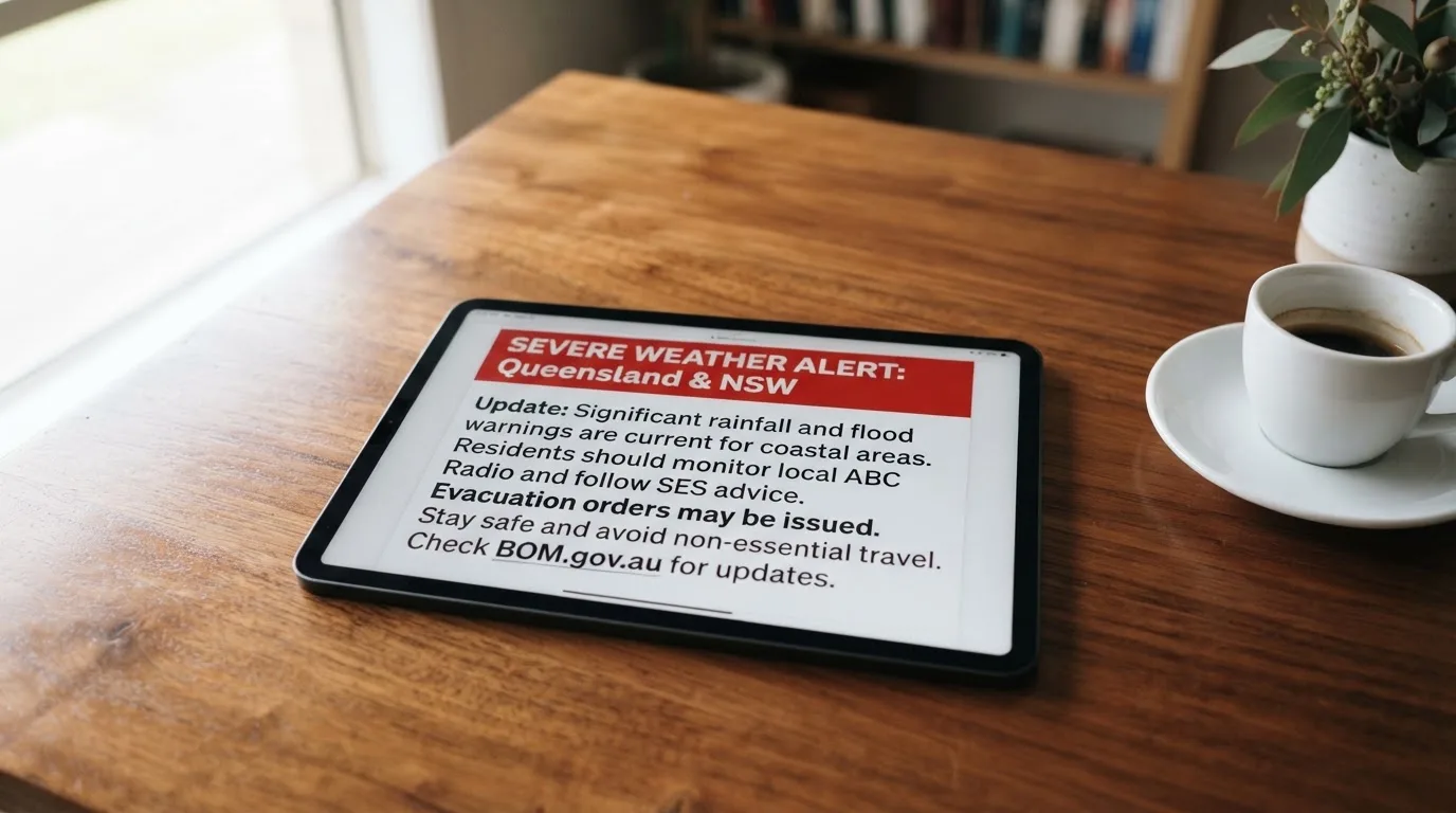 A tablet on a desk displays a plain government-style warning notice page, with a coffee cup beside it.