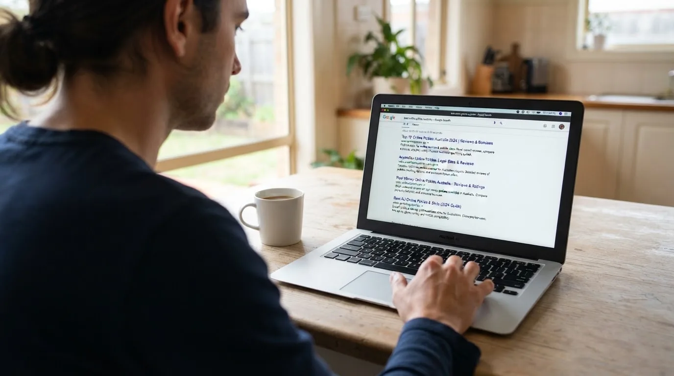 A person sits at a kitchen table, scrolling a laptop showing a general search results page about a review of a pokies site.