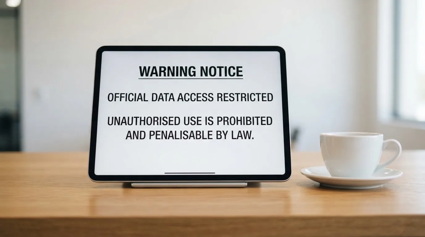 A tablet on a desk displays a plain government-style warning notice page, with a coffee cup beside it.