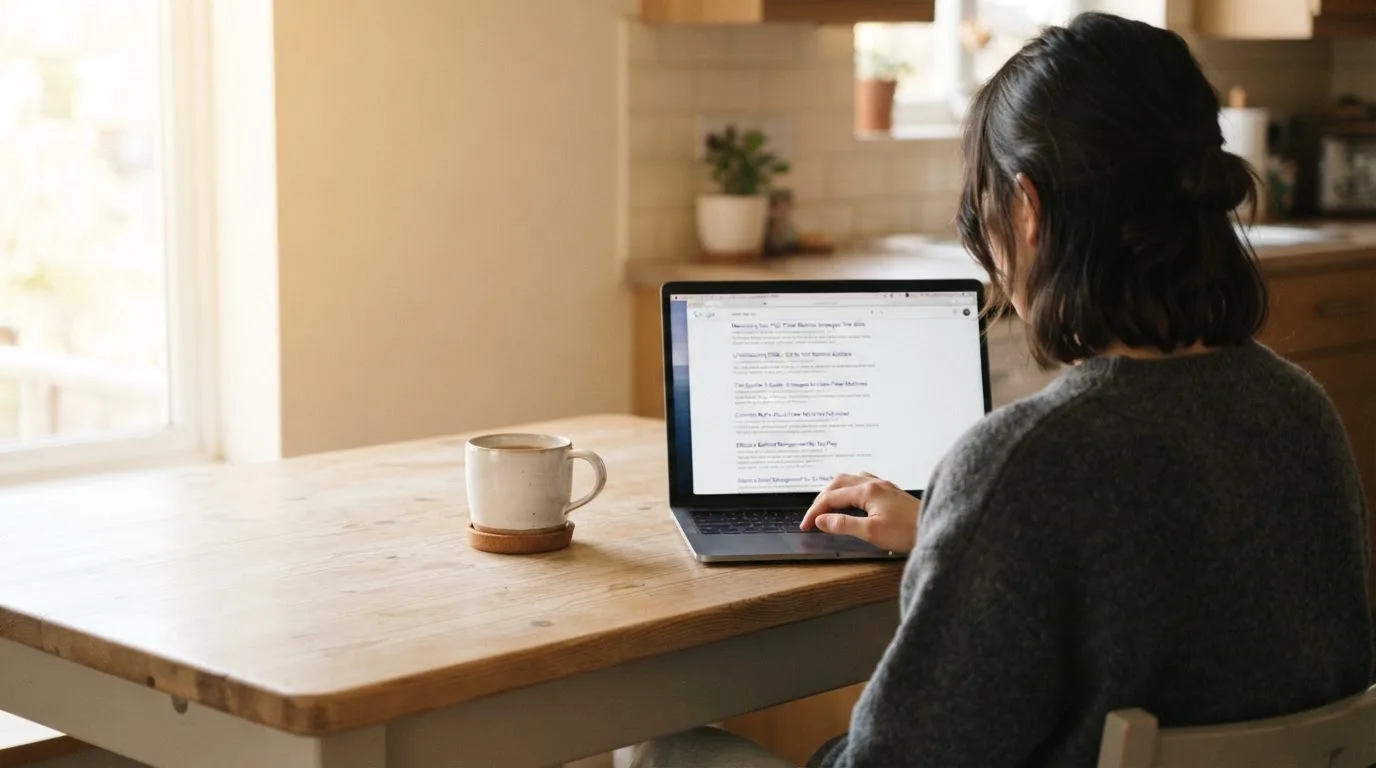 A person sits at a kitchen table, scrolling a laptop showing a general search results page about pokies strategy articles.
