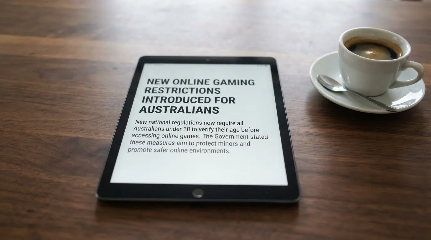 A tablet on a desk displays a plain government-style warning notice page, with a coffee cup beside it.