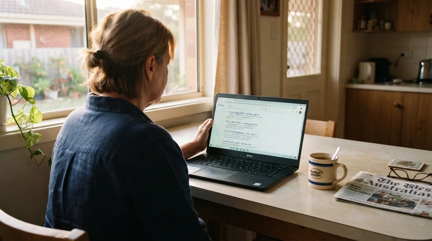 A person sits at a kitchen table, scrolling a laptop showing a general search results page about real-cash pokies claims.