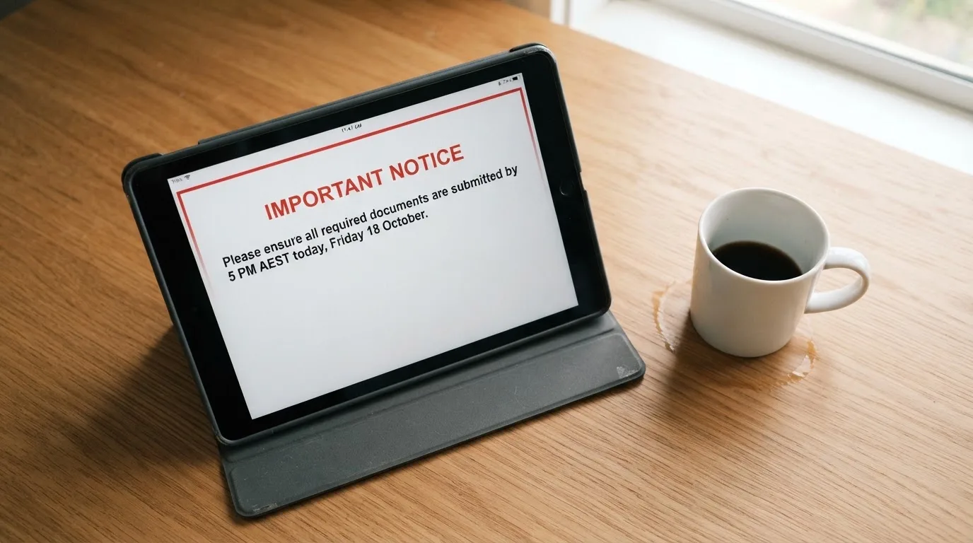 A tablet on a desk displays a plain government-style warning notice page, with a coffee cup beside it.