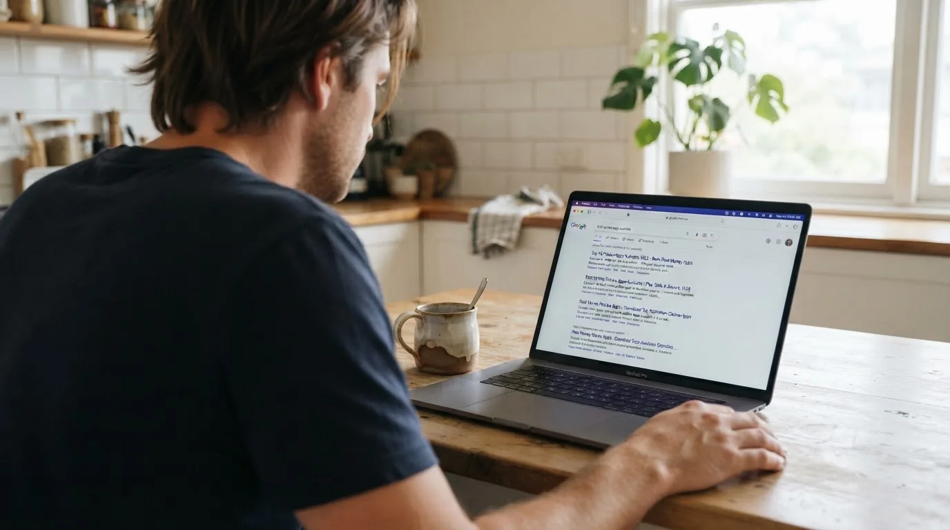 A person sits at a kitchen table, scrolling a laptop showing a general search results page about pokies apps.