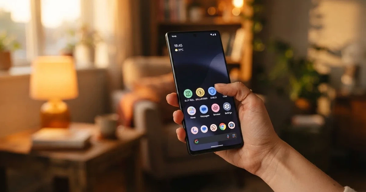A hand holds a smartphone with an app icon grid visible on the home screen, thumb hovering over the display.
