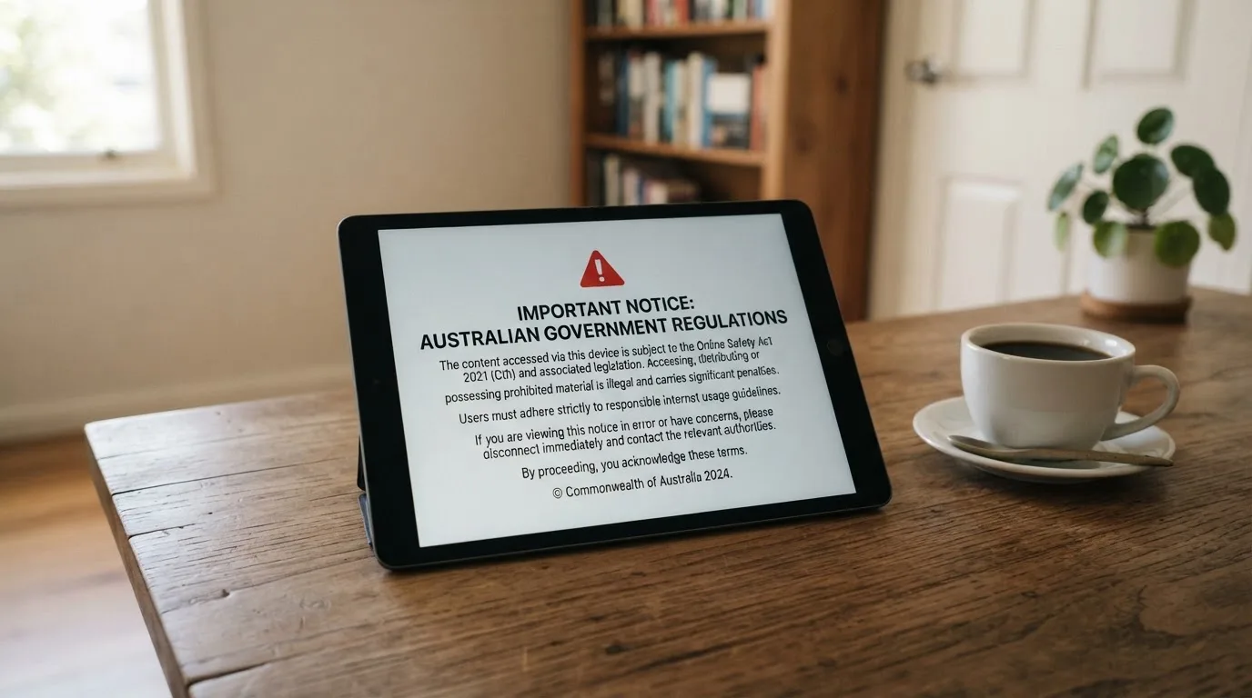 A tablet on a desk displays a plain government-style warning notice page, with a coffee cup beside it.