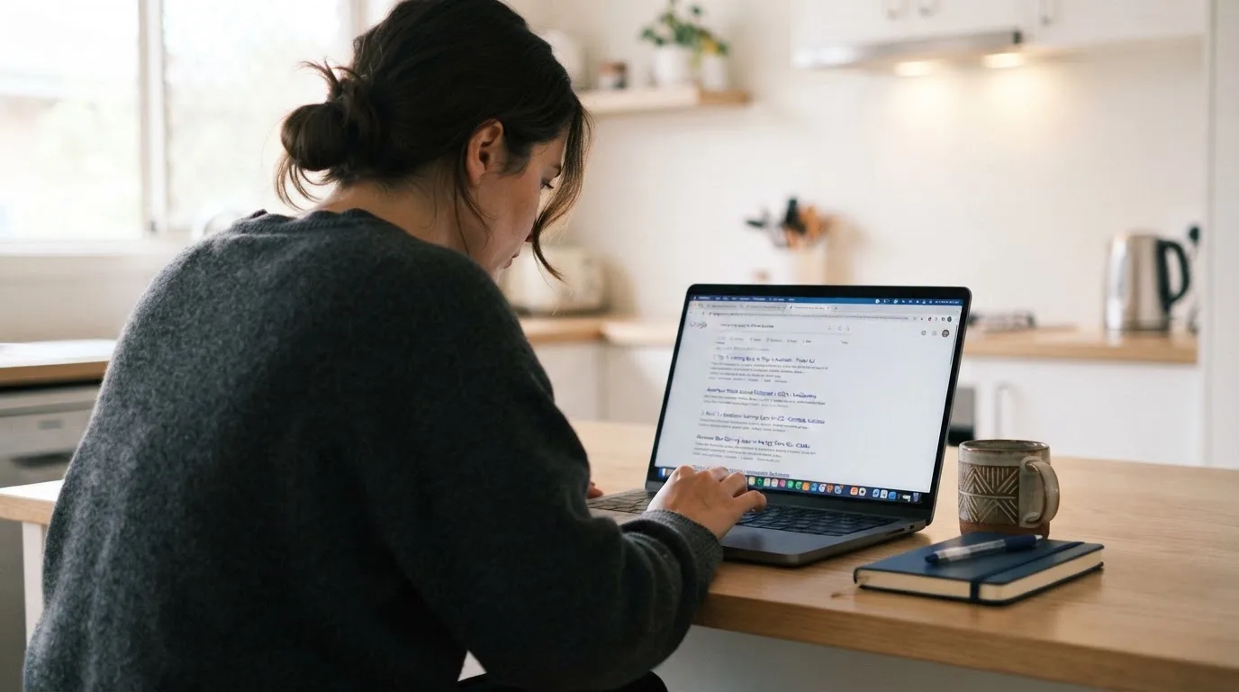 A person sits at a kitchen table, scrolling a laptop showing a general search results page about pokies apps.