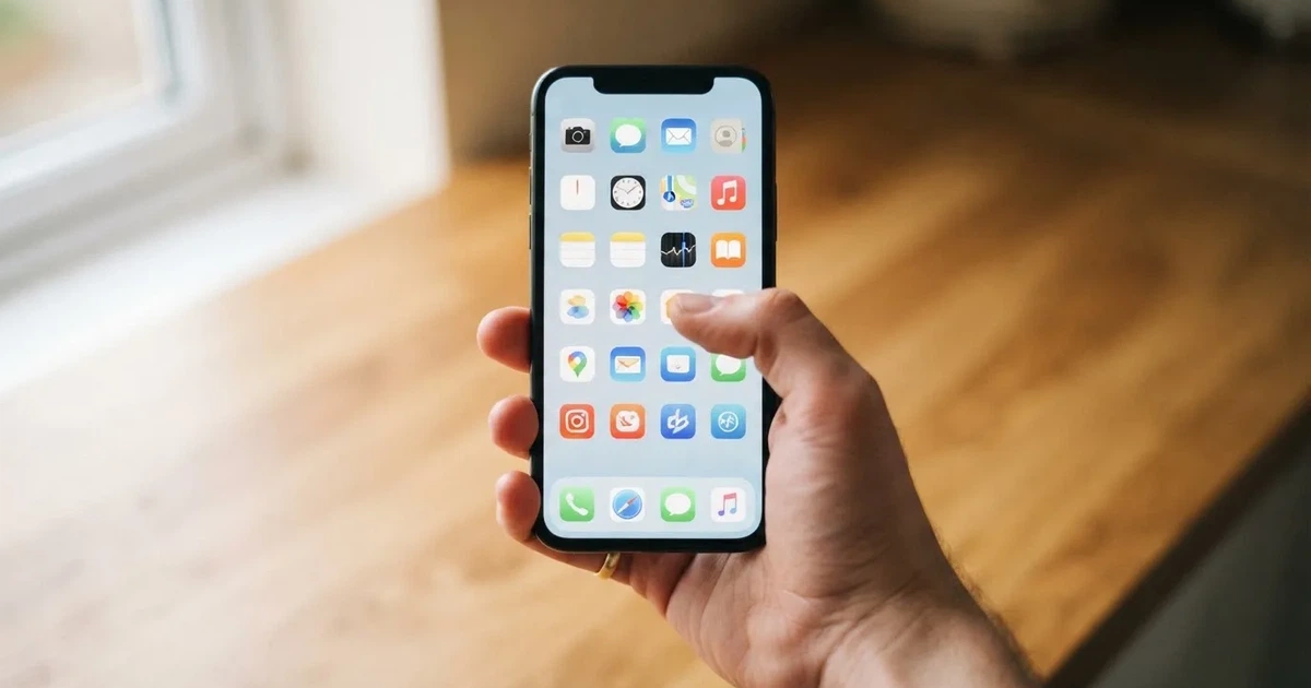 A hand holds a smartphone with an app icon grid visible on the home screen, thumb hovering over the display.