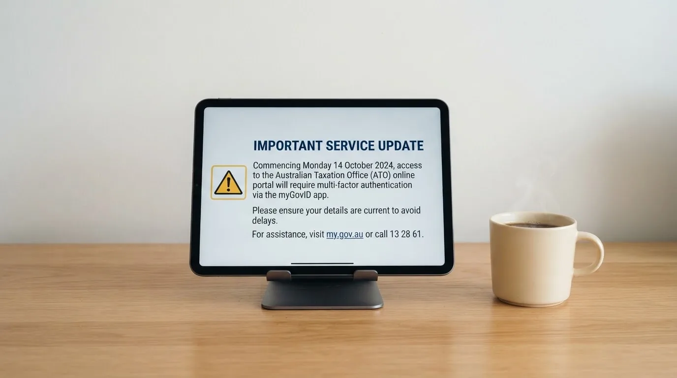 A tablet on a desk displays a plain government-style warning notice page, with a coffee cup beside it.