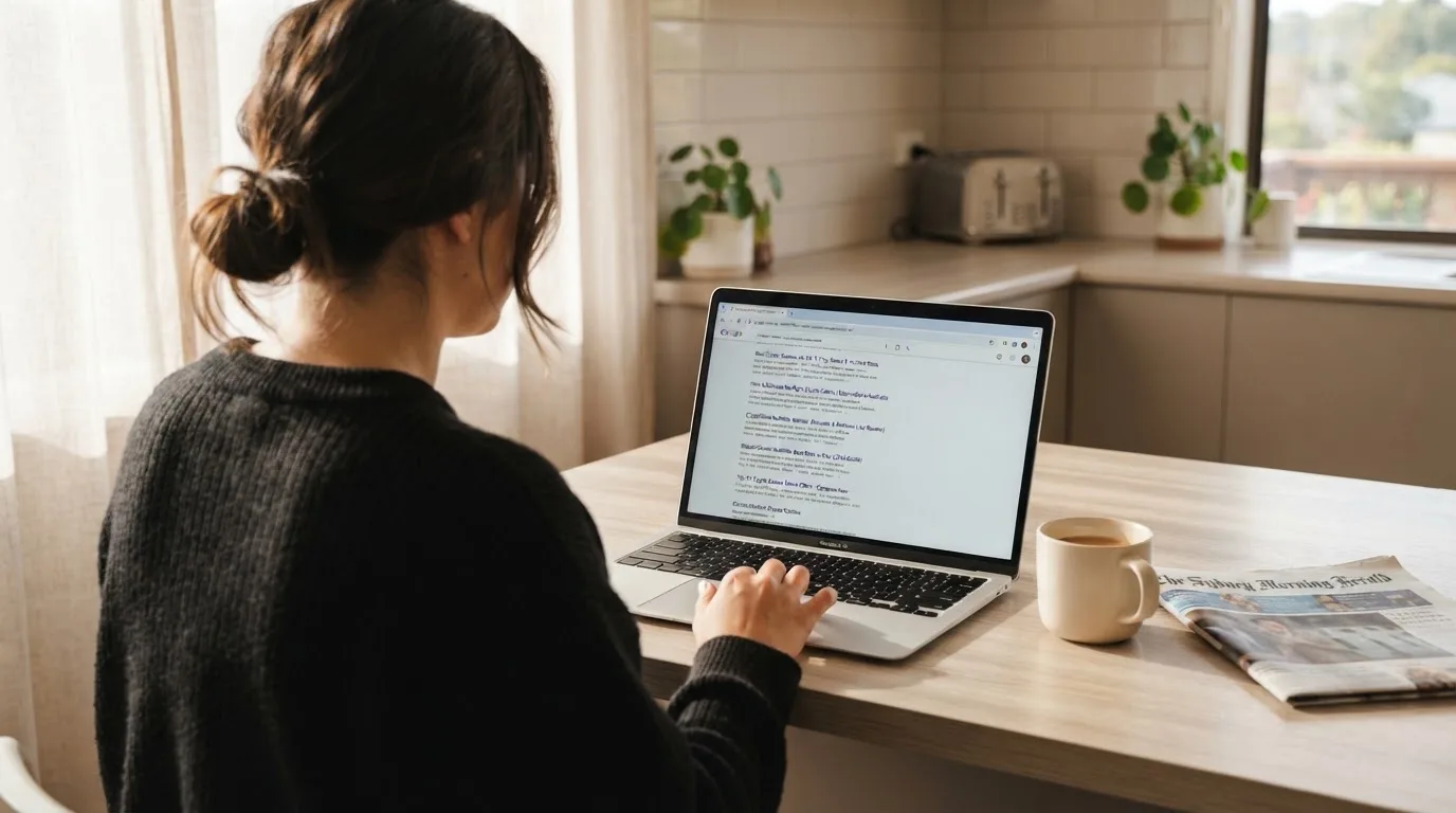 A person sits at a kitchen table, scrolling a laptop showing a general search results page about crypto casino comparisons.