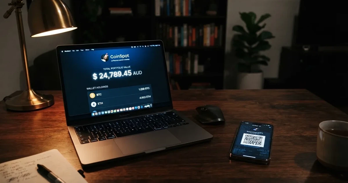 A laptop screen shows a cryptocurrency wallet balance next to a phone displaying a QR code, on a desk at night.