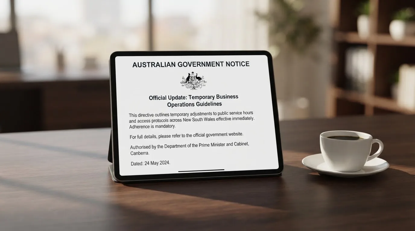 A tablet on a desk displays a plain government-style warning notice page, with a coffee cup beside it.