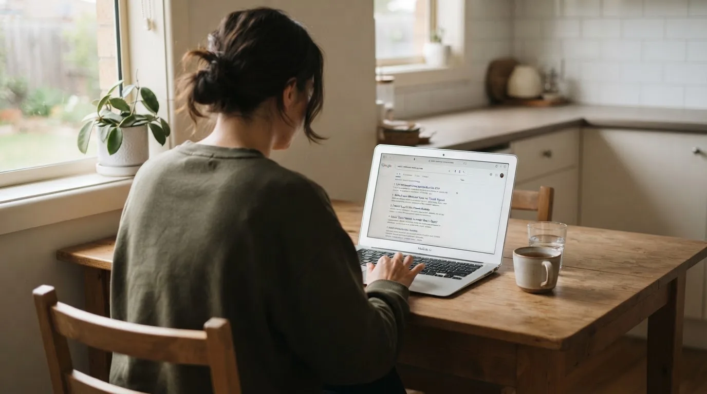 A person sits at a kitchen table, scrolling a laptop showing a general search results page about withdrawal timeframes.