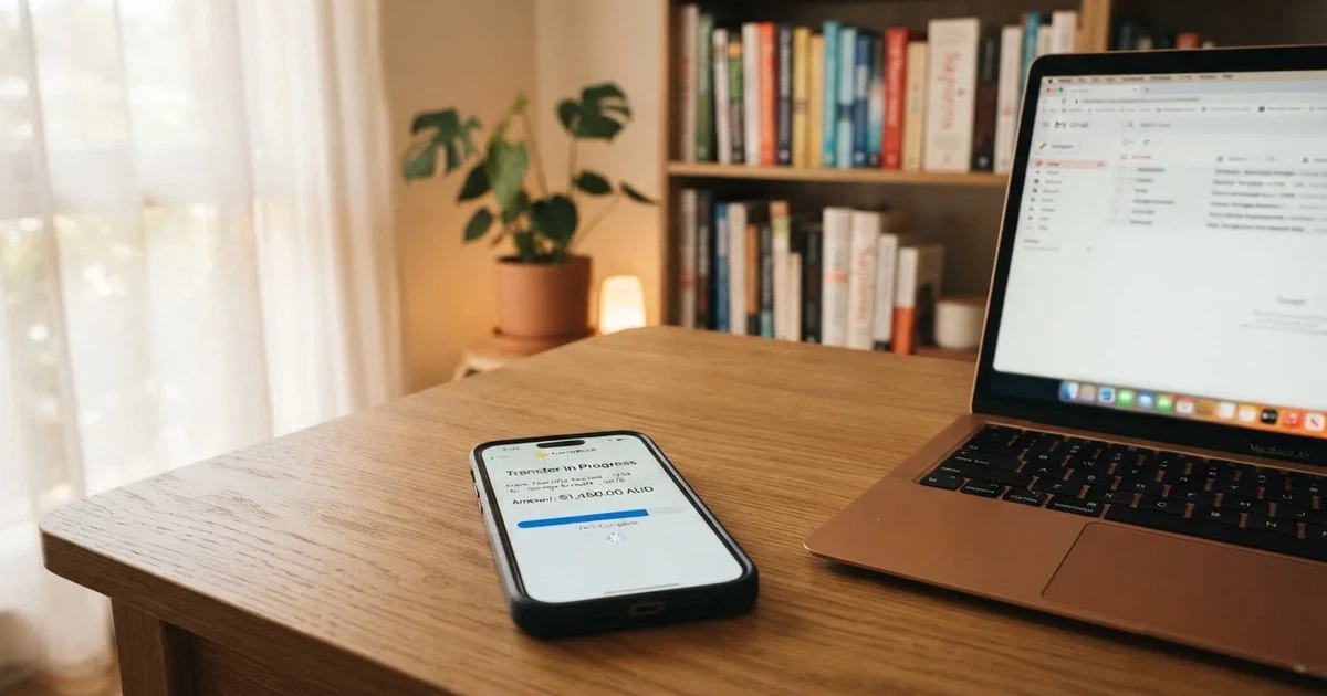 Close-up of a smartphone banking app open beside a laptop on a home desk, mid-transfer.