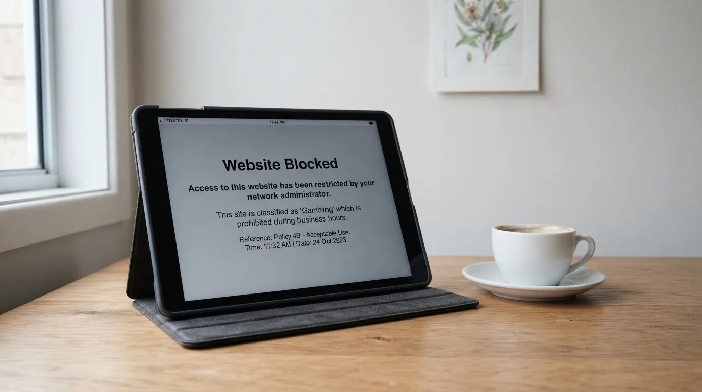 A tablet on a desk displays a plain government-style warning notice page, with a coffee cup beside it.